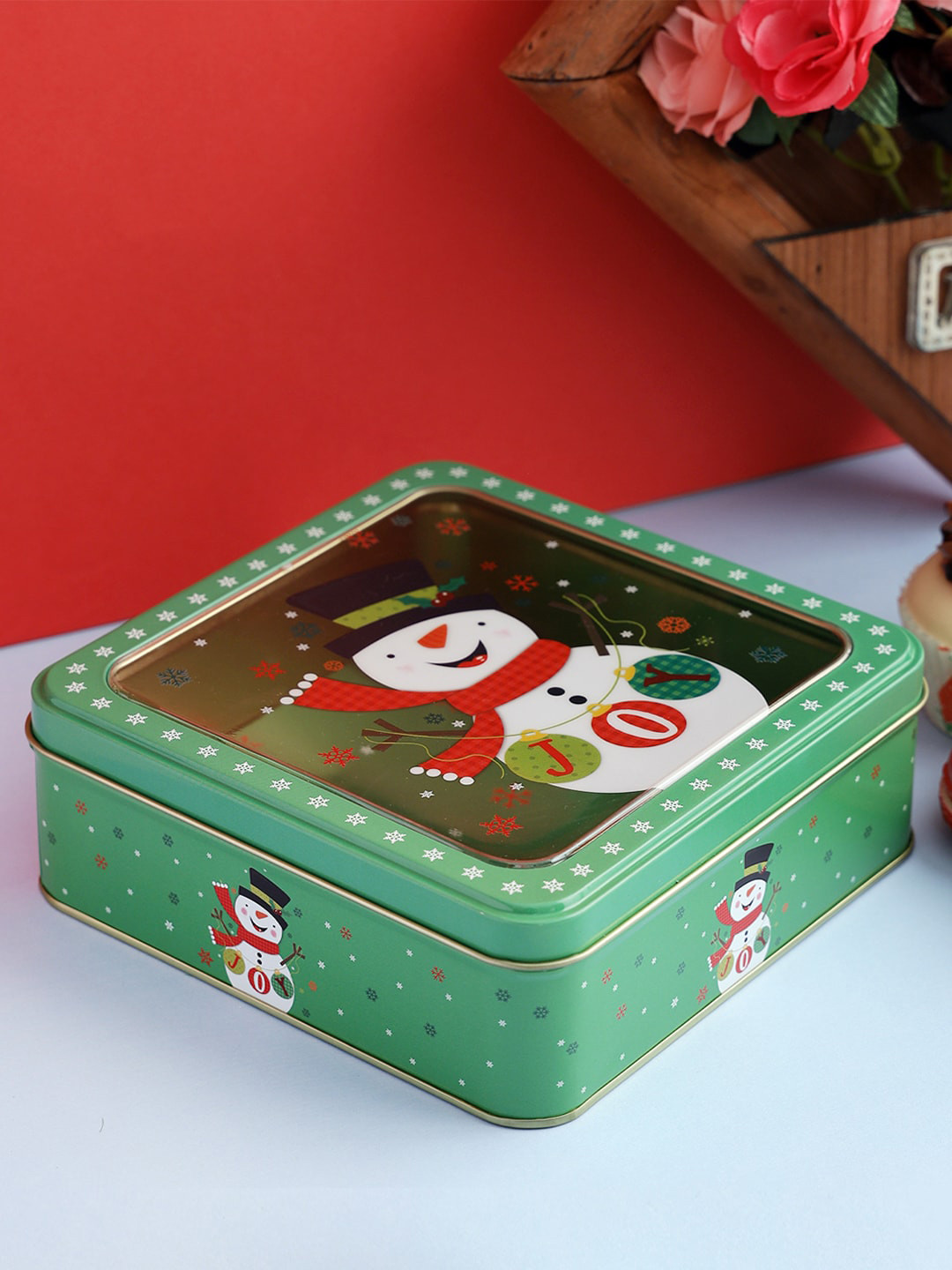 

A Vintage Affair- Home Decor Green Happy Snowman Cookie Kitchen Storage Box