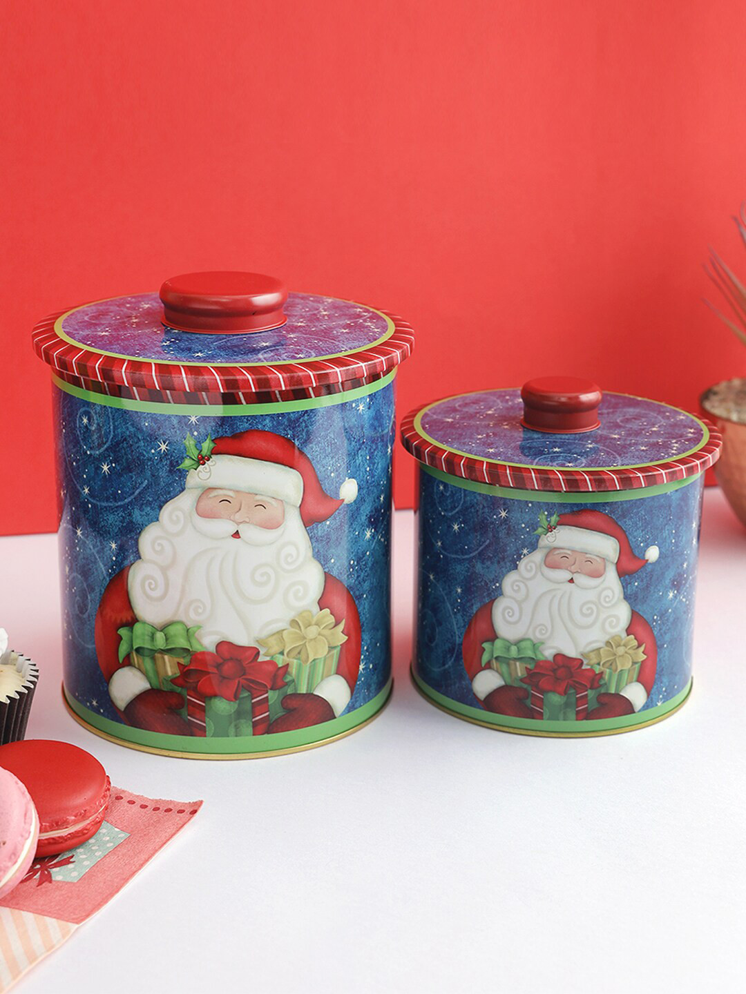 

A Vintage Affair- Home Decor Set of 2 Blue & Red Cheerful Santa Claus Canisters