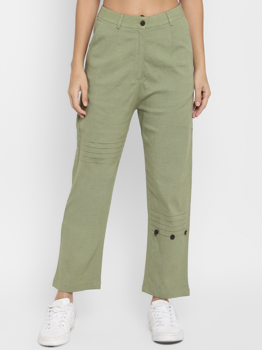 

DEEBACO Women Olive Green Pintuck Cotton Trousers