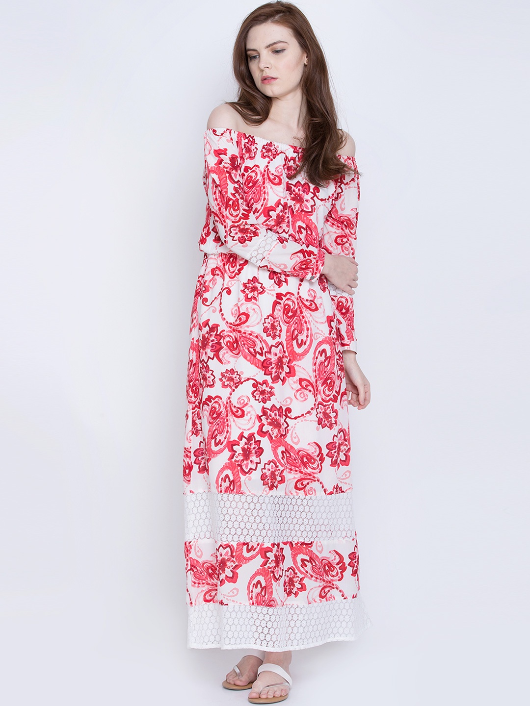 

Tokyo Talkies Women White & Red Printed Off-Shoulder Maxi Dress