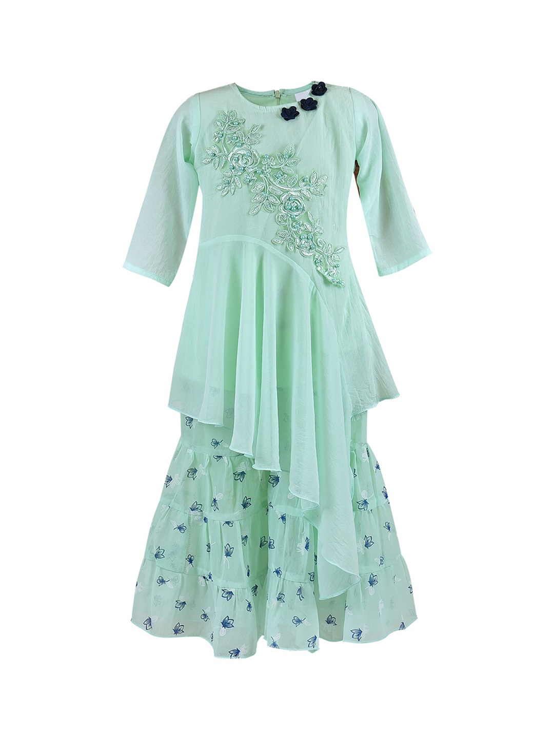 

Wish Karo Girls Sea Green Floral Embroidered Kurta with Sharara