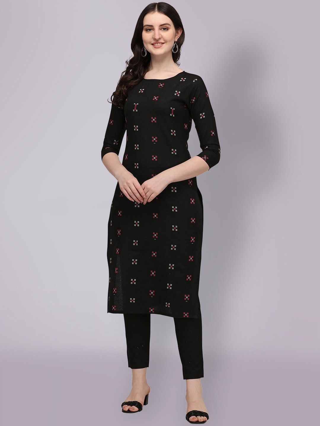 

KALINI Women Black Pure Cotton Woven Design Kurta with Trousers
