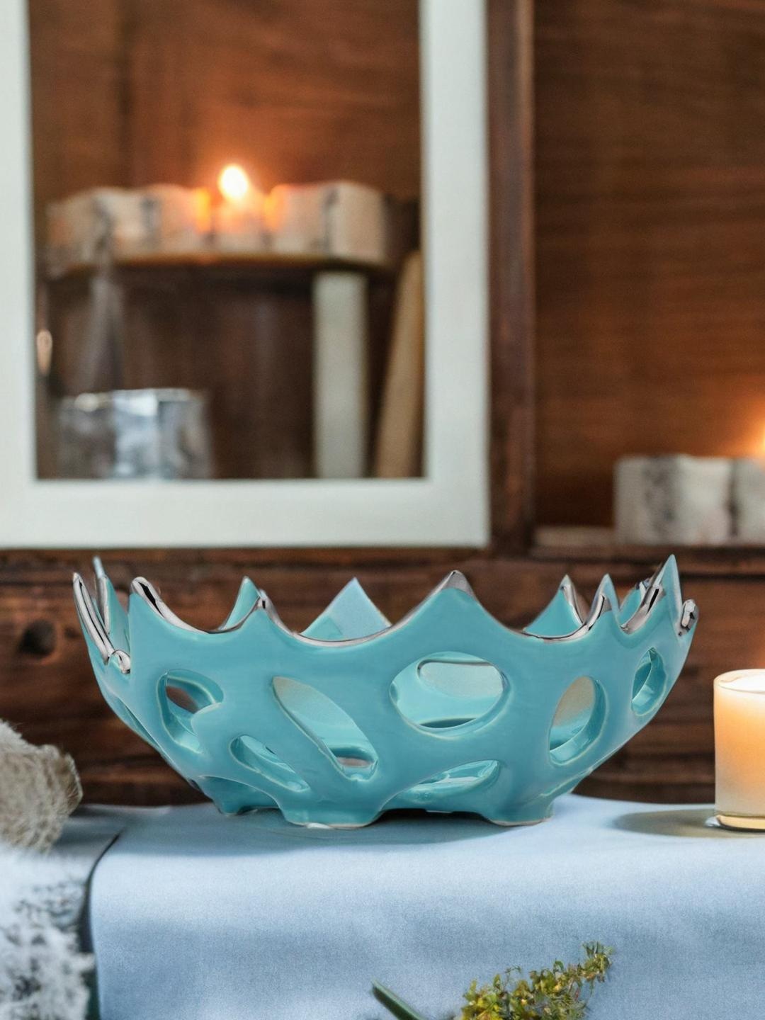 

Athome by Nilkamal Sea Green Cutwork Ceramic Round Bowl