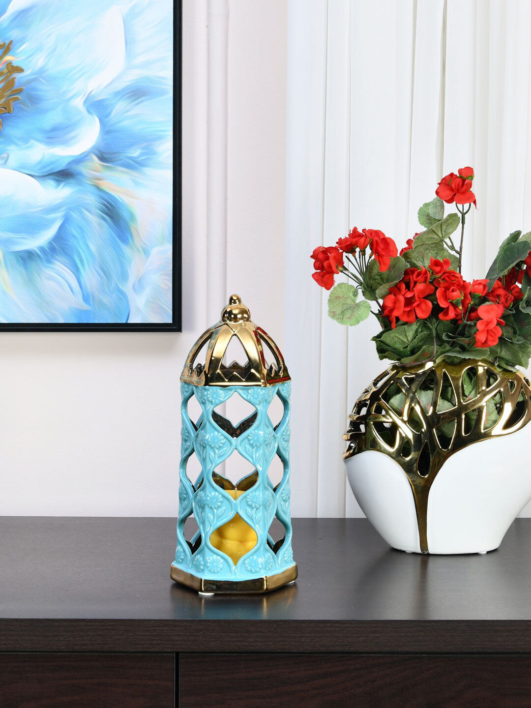 

Athome by Nilkamal Seagreen & Gold Lantern Shaped Candle Holder, Sea green