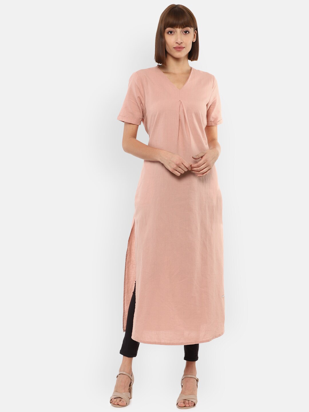 

Van Heusen Woman Peach-Coloured Linen A-Line Midi Dress