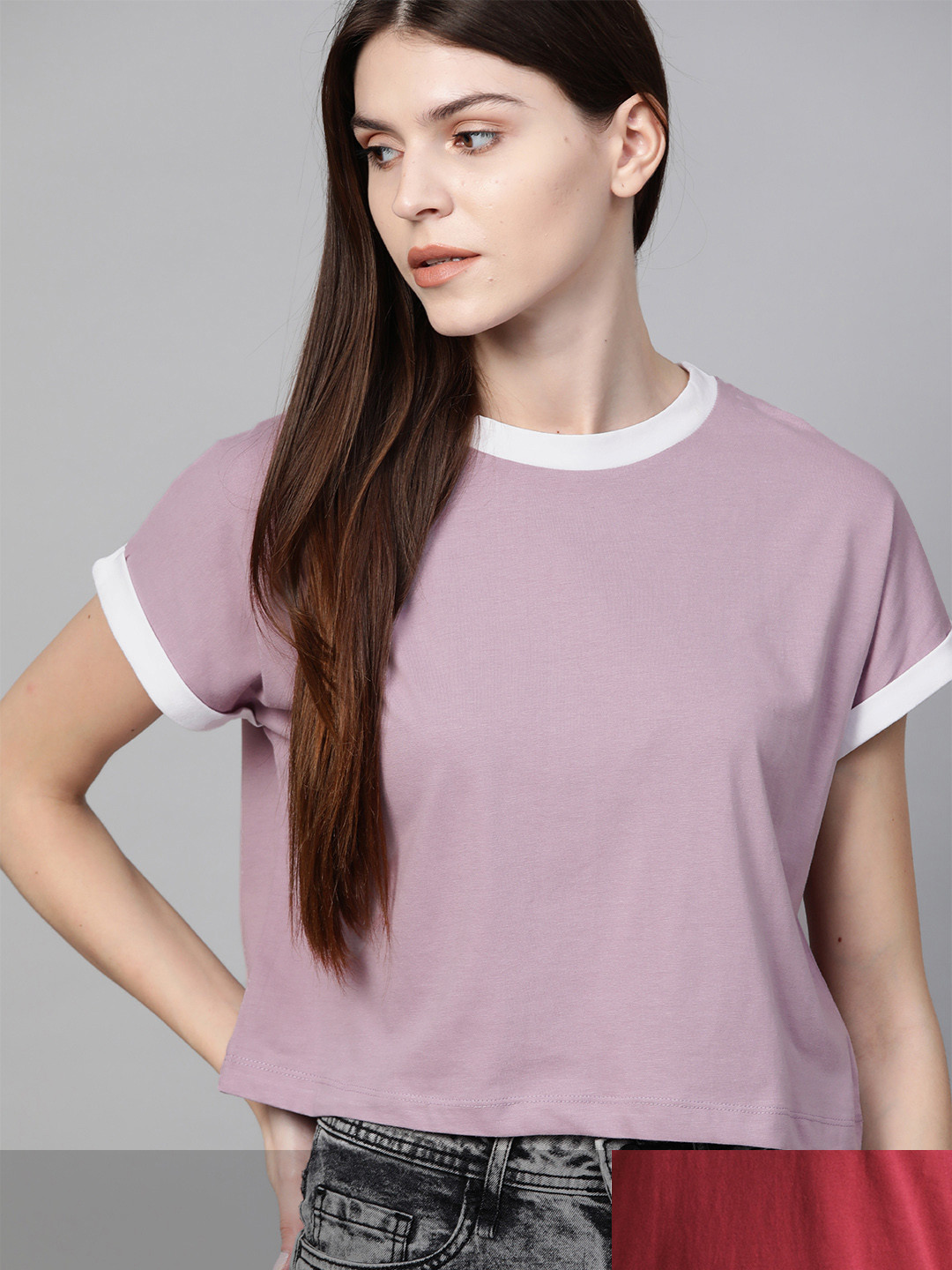 

Roadster Women Pack of 2 Solid Cotton T-shirt, Lavender