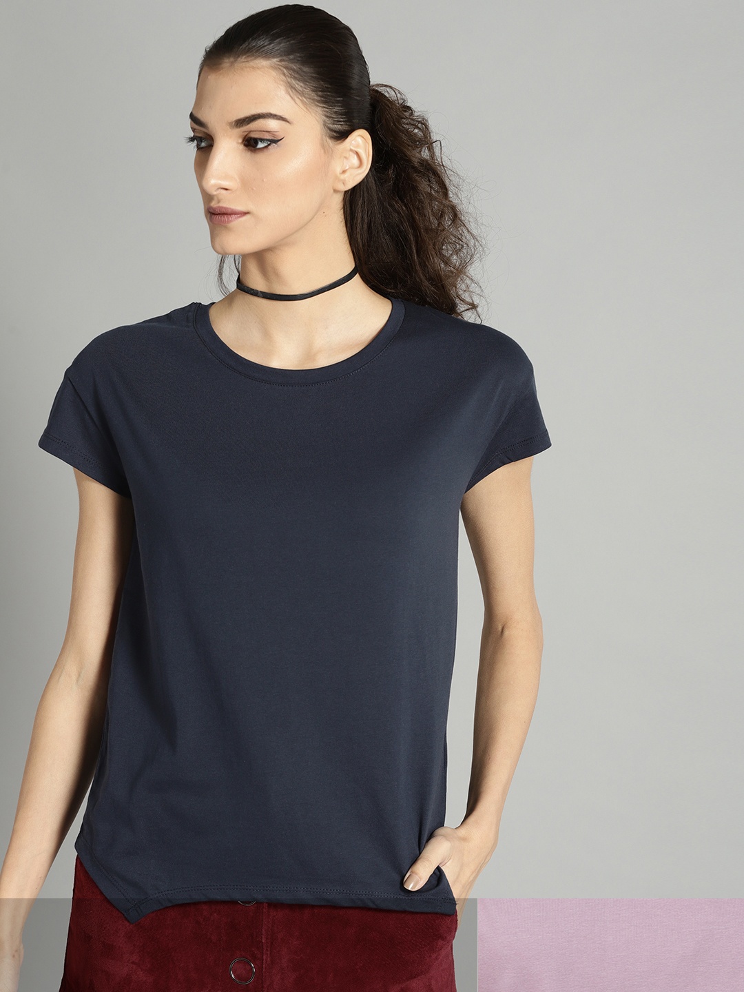

Roadster Women Set Of 2 Round Neck T-shirts, Navy blue