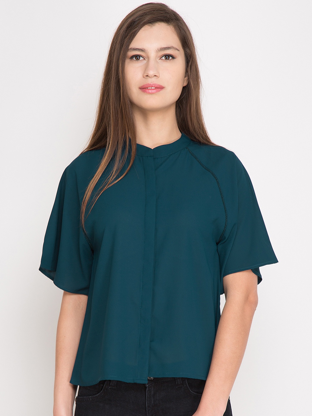 

Tokyo Talkies Women Teal Blue Solid Shirt Style Top