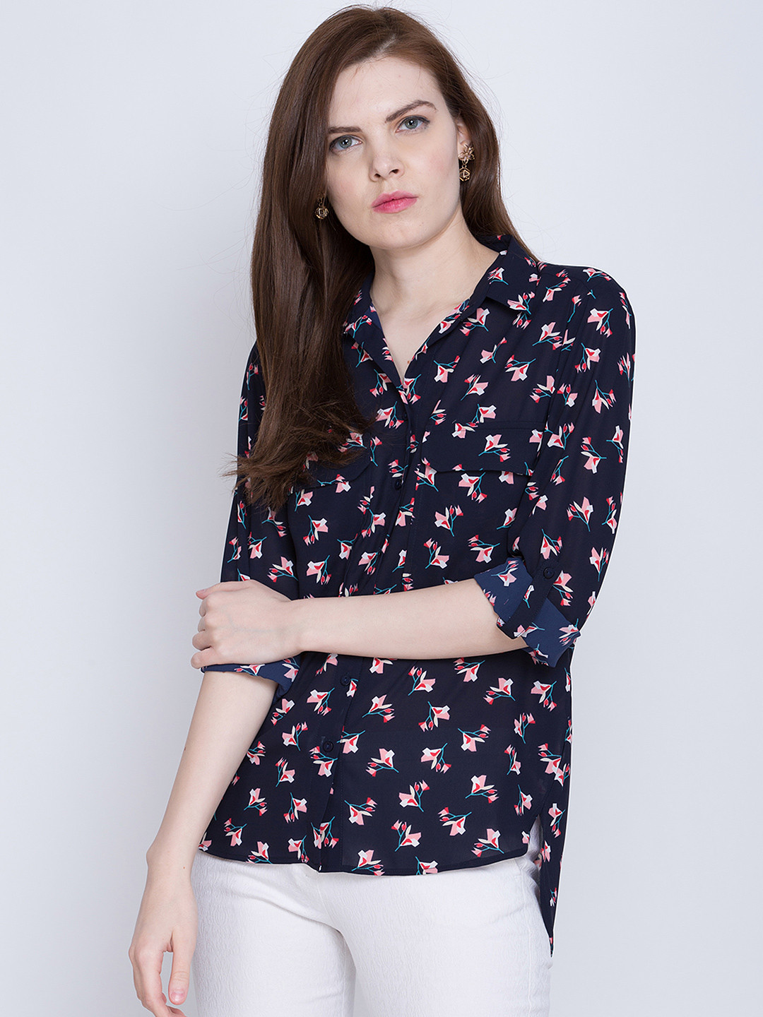 

Tokyo Talkies Women Navy Printed High-Low Hem Shirt, Navy blue