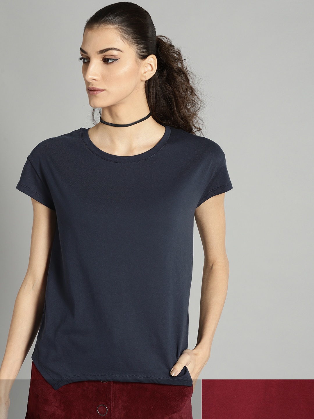 

Roadster Women Set Of 2 Pure Cotton T-shirts, Navy blue