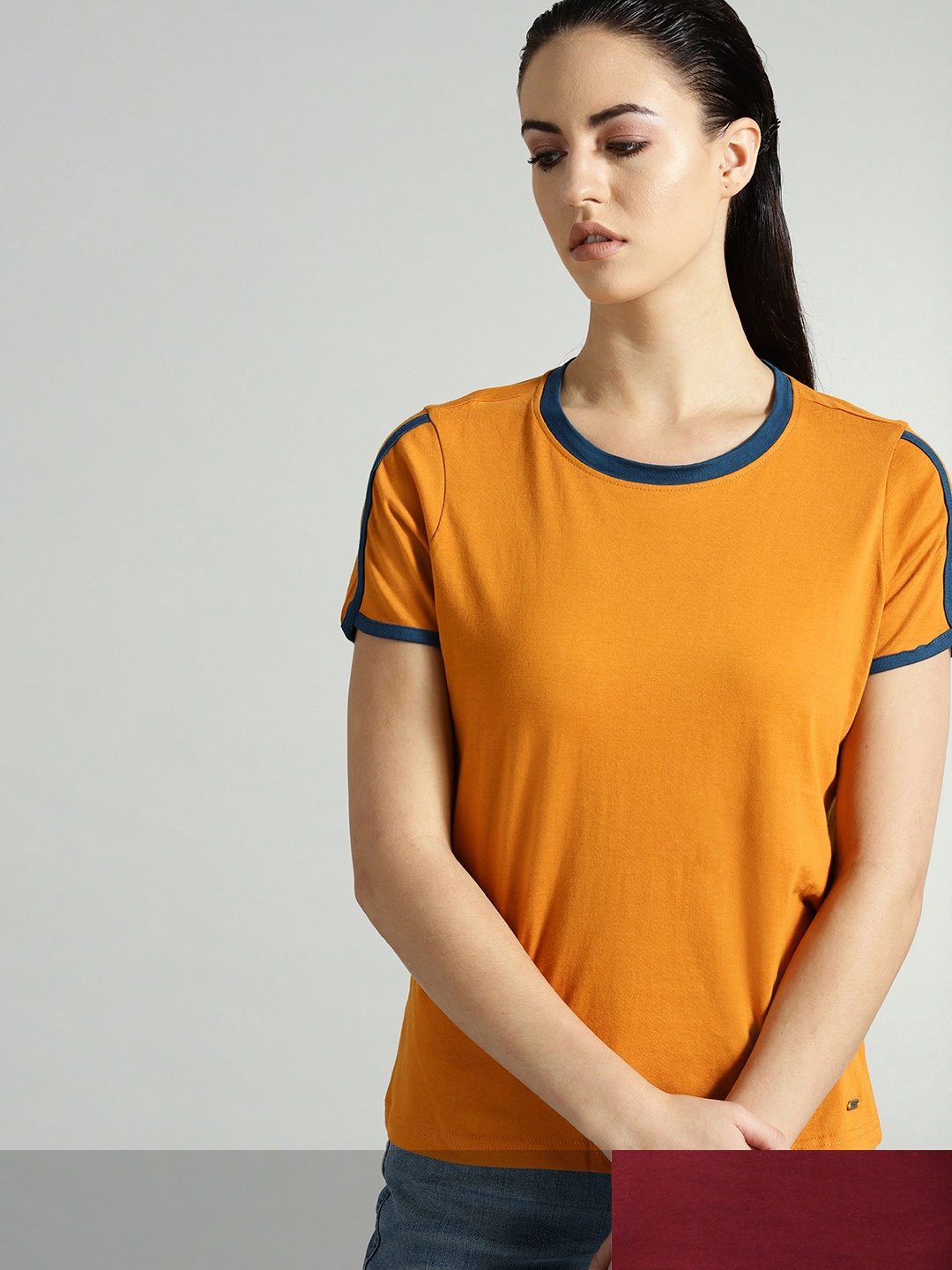

Roadster Women Pack of 2 Solid Cotton T-shirt, Mustard