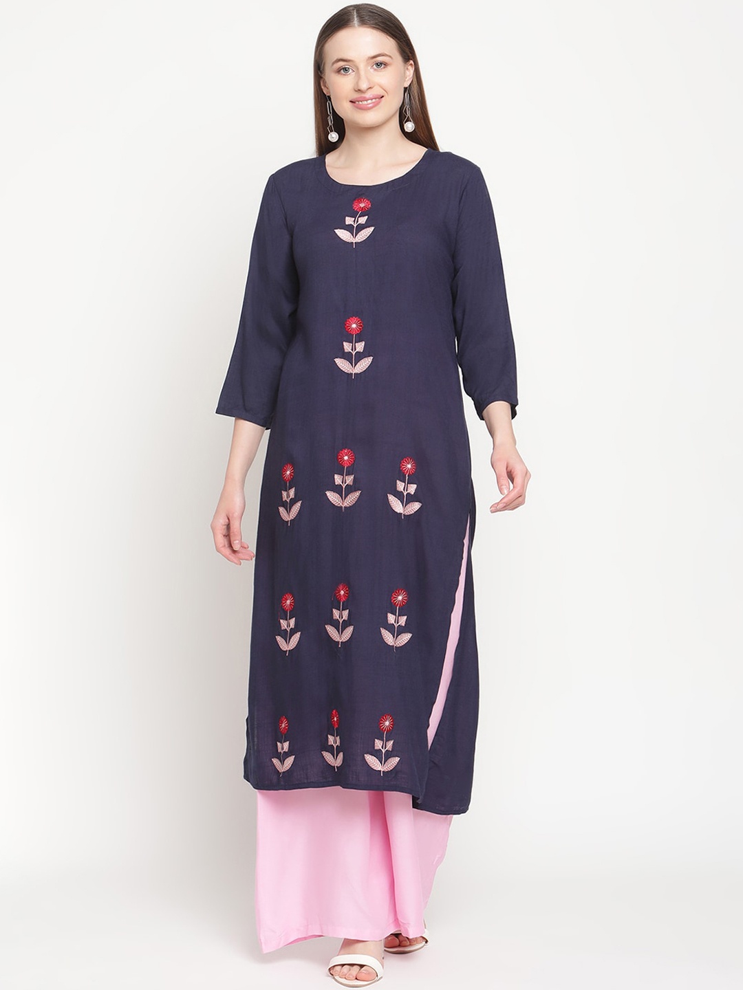 

TAG 7 Women Blue Floral Embroidered High Slit Kurti with Palazzos