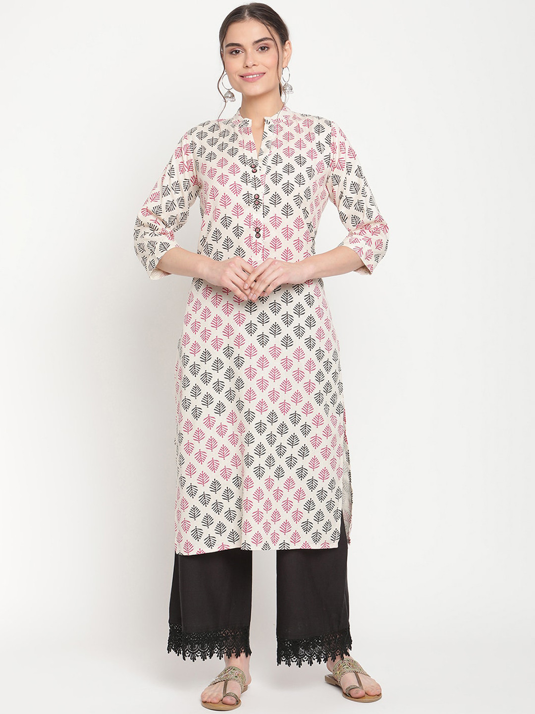 

TAG 7 Women White Printed Pure Cotton Kurta with Palazzos