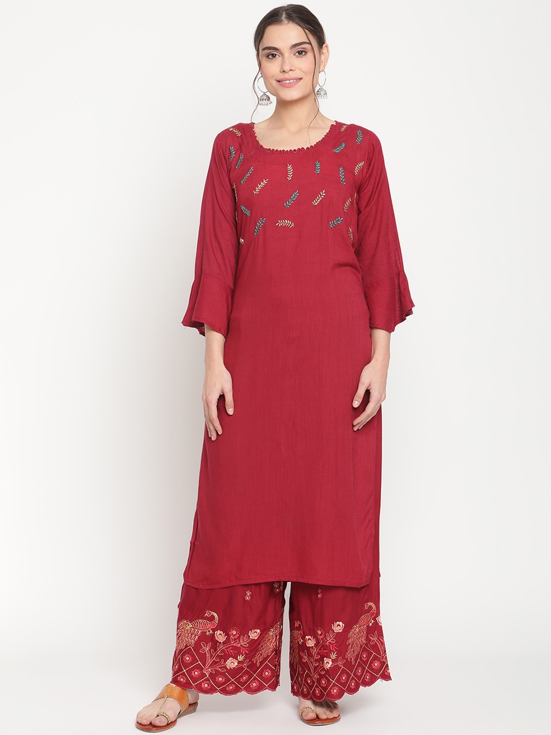 

TAG 7 Women Maroon Floral Yoke Design Kurta with Palazzos