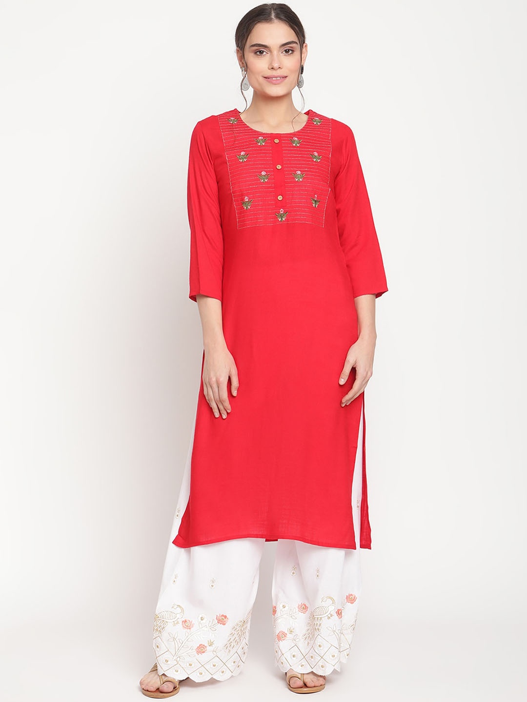 

TAG 7 Women Red Floral Yoke Design Kurta with Palazzos