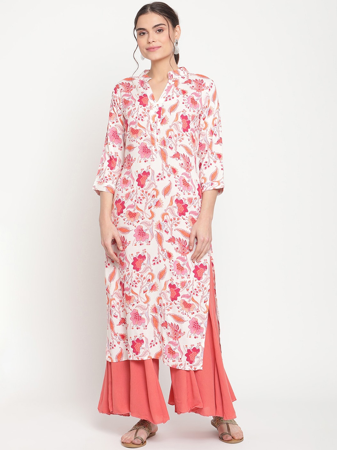 

TAG 7 Women White Floral Printed Kurta with Palazzos