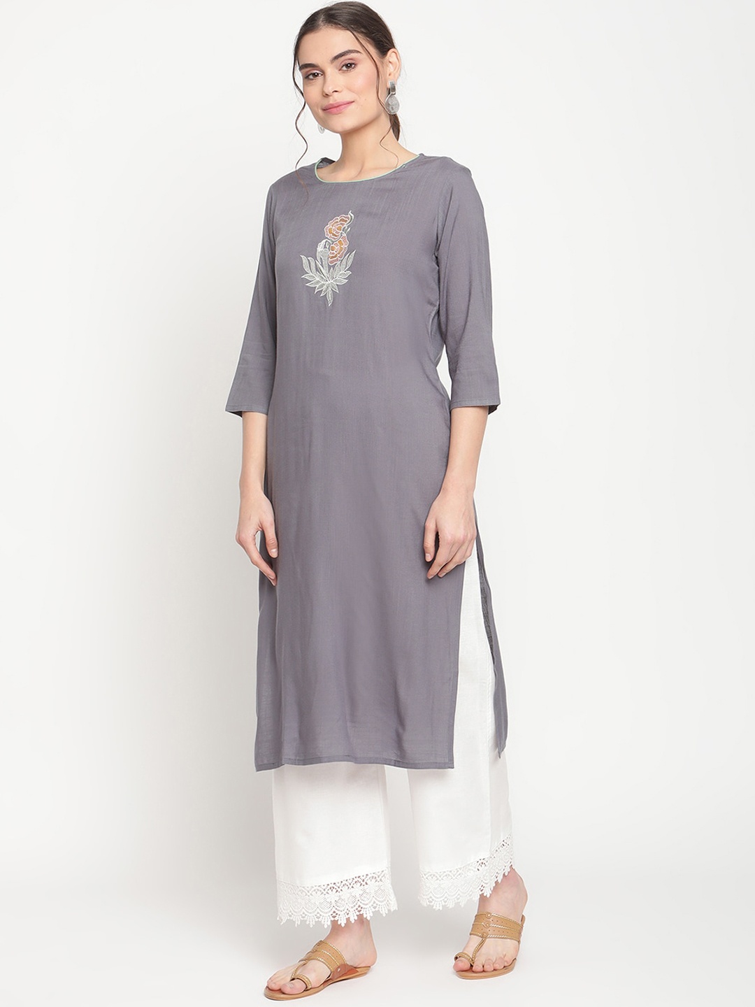 

TAG 7 Women Grey Ethnic Motifs Embroidered Panelled Kurti with Trousers