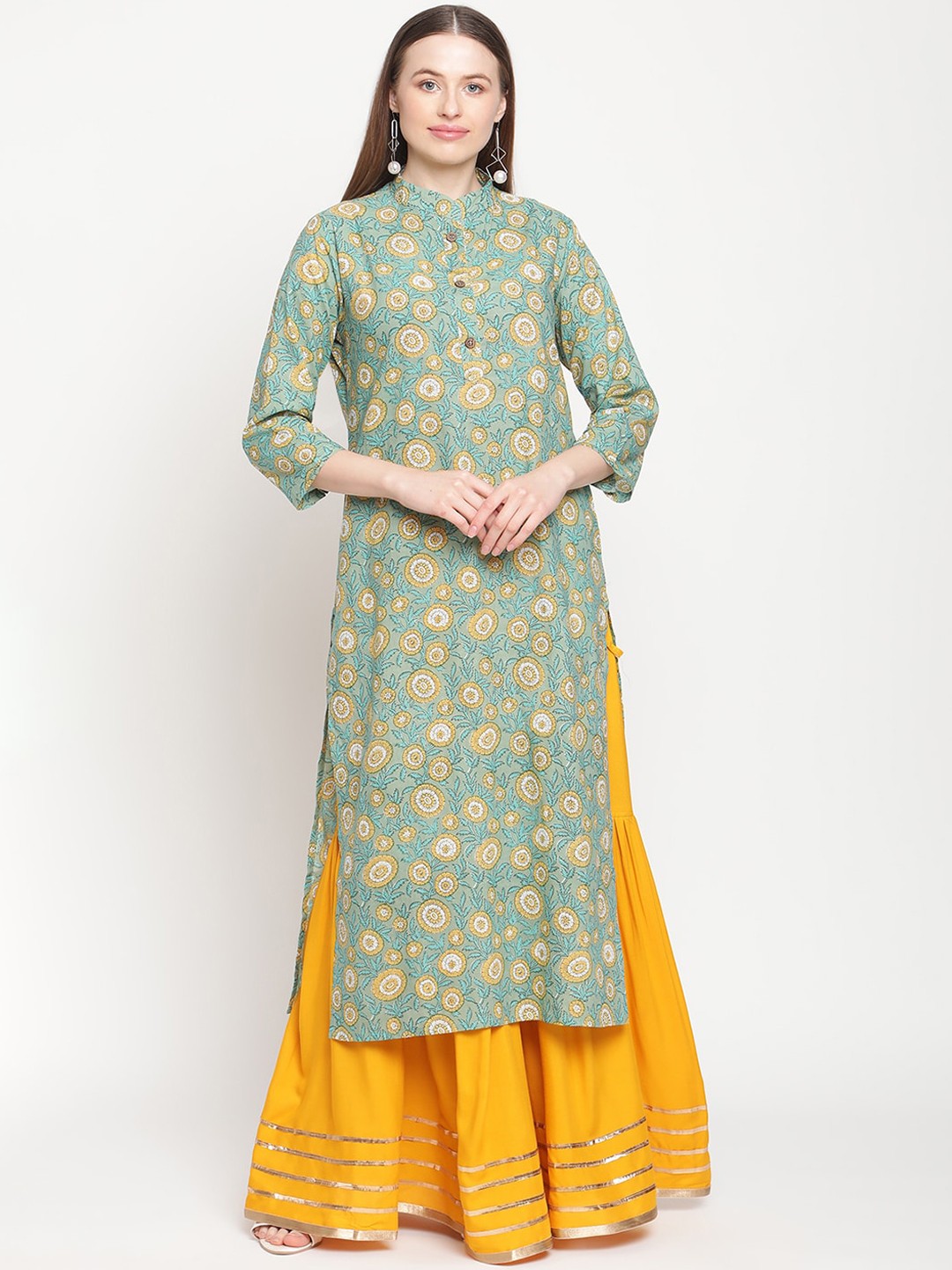 

TAG 7 Women Green Ethnic Motifs Printed Pure Cotton Kurta with Sharara