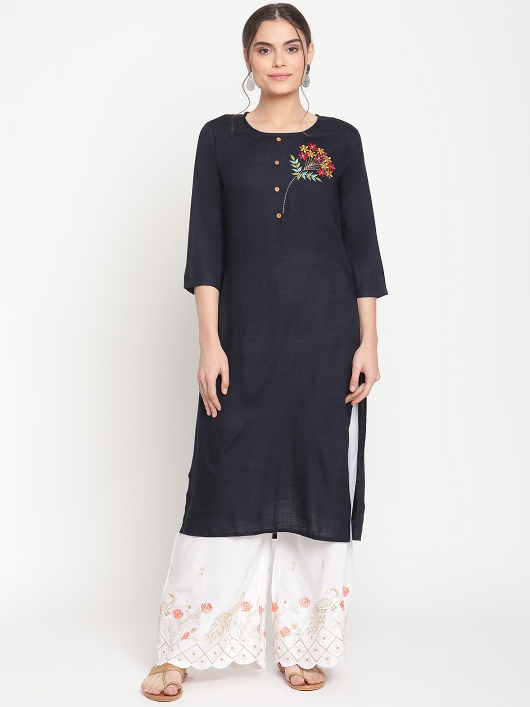 

TAG 7 Women Navy Blue Floral Embroidered Kurta with Palazzos