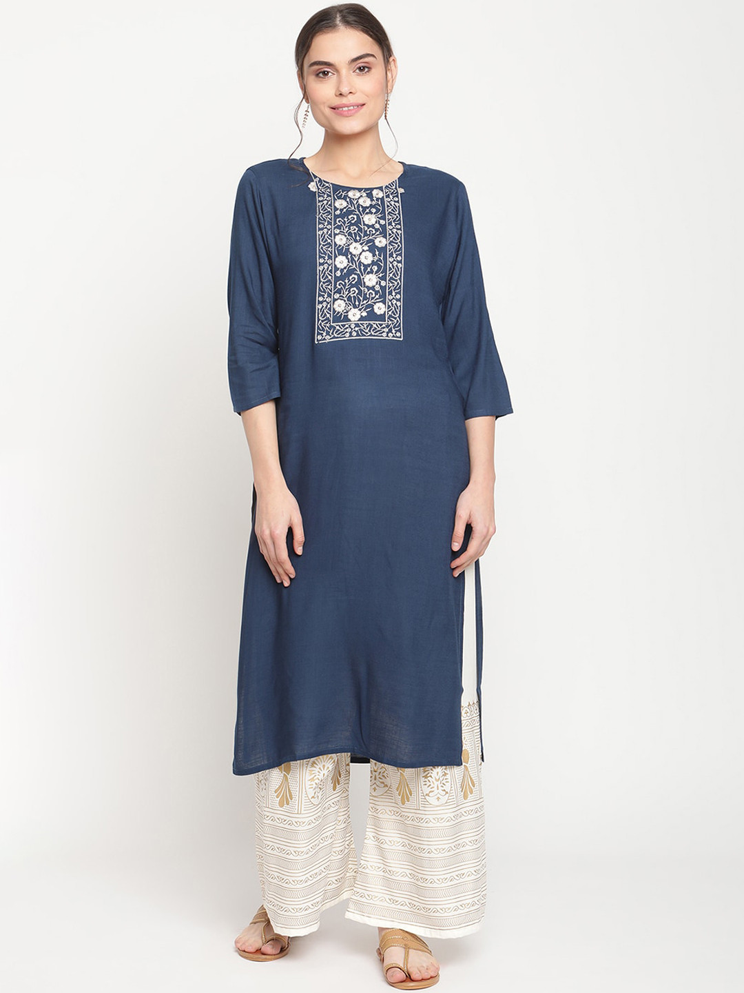 

TAG 7 Women Blue & White Ethnic Motifs Yoke Design Kurta With Palazzos