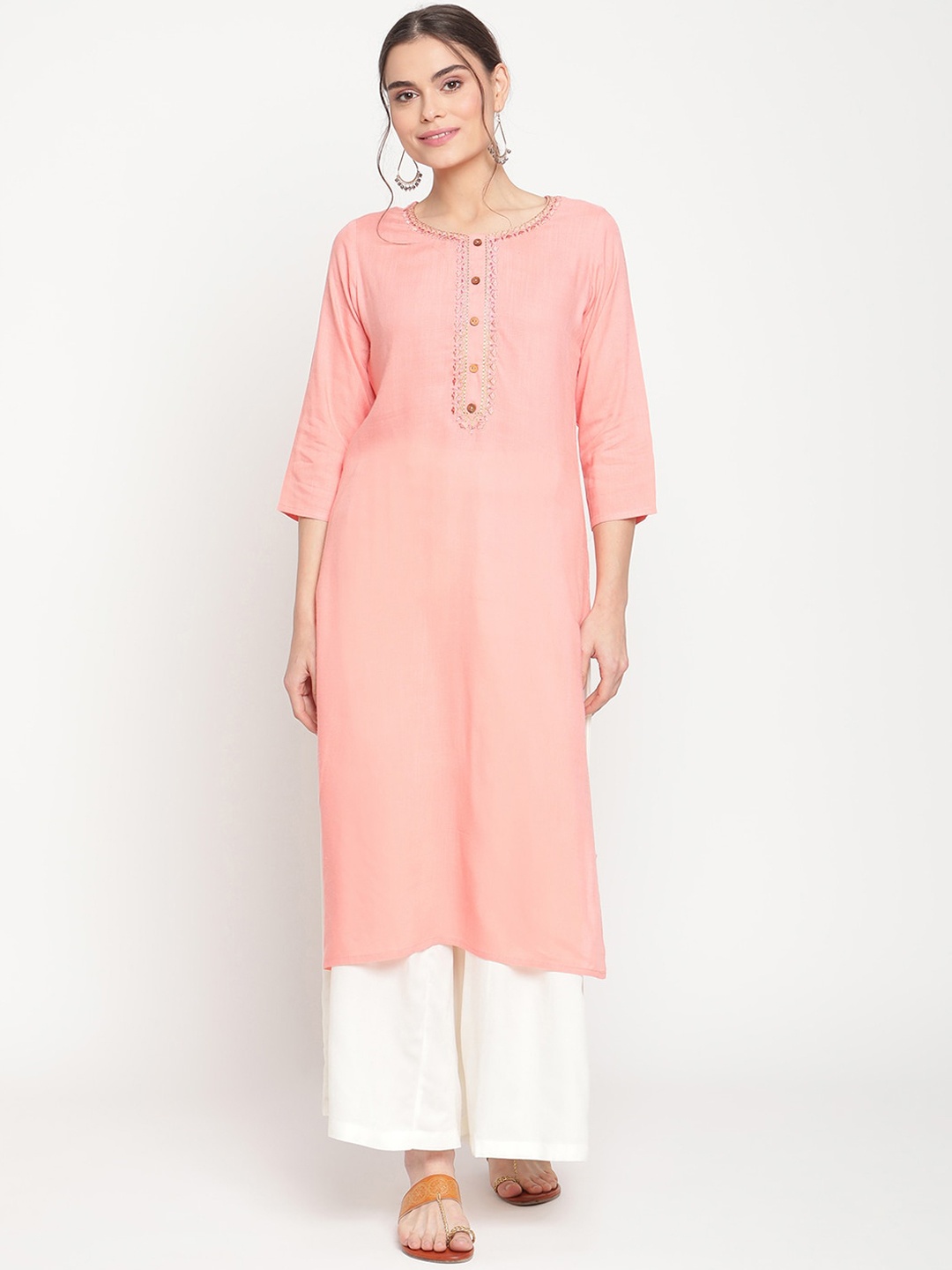 

TAG 7 Women Pink Pleated Thread Work Kurta with Palazzos