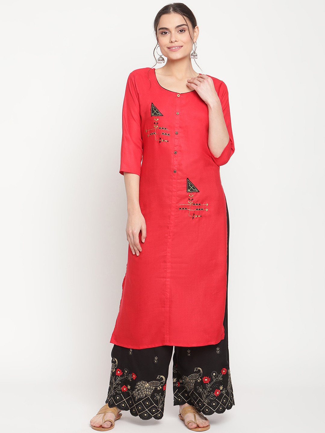 

TAG 7 Women Red Floral Embroidered Kurta with Palazzos