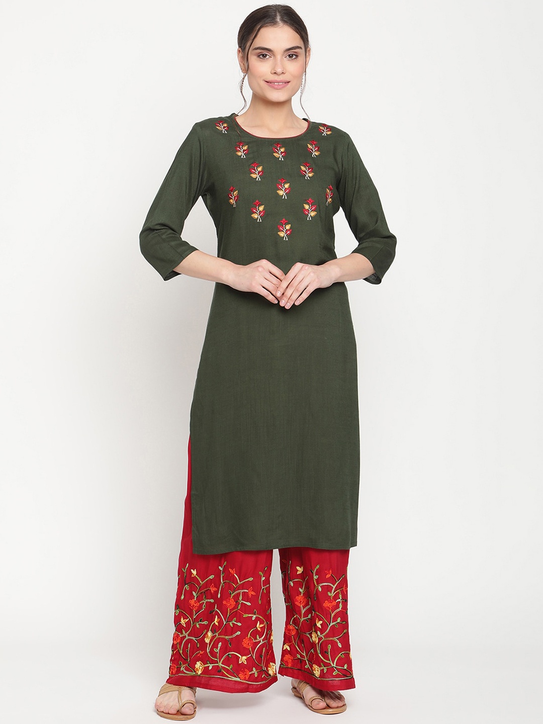 

TAG 7 Women Green Floral Embroidered Kurta with Palazzos