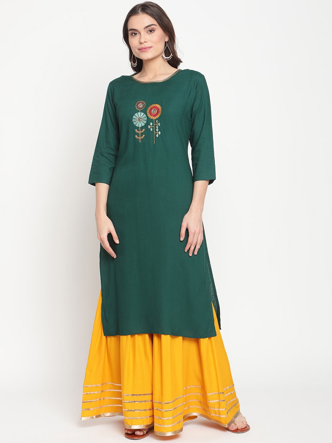 

TAG 7 Women Green & Yellow Floral Embroidered Kurta With Sharara