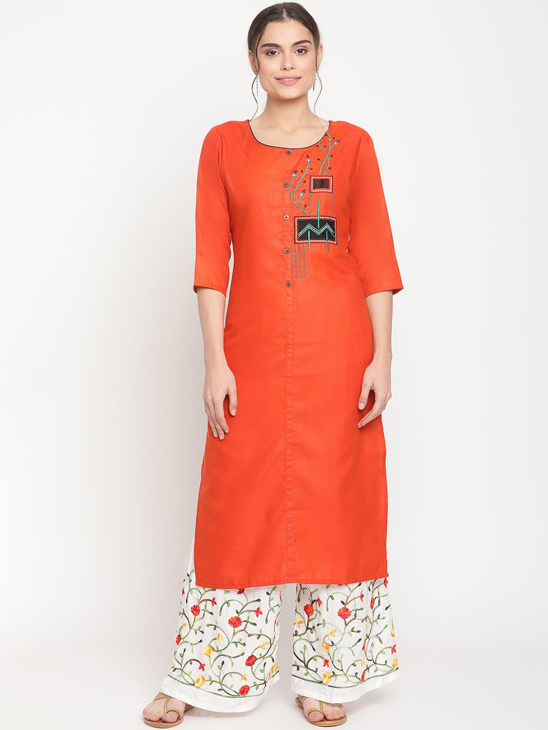 

TAG 7 Women Orange Floral Embroidered Kurta with Palazzos
