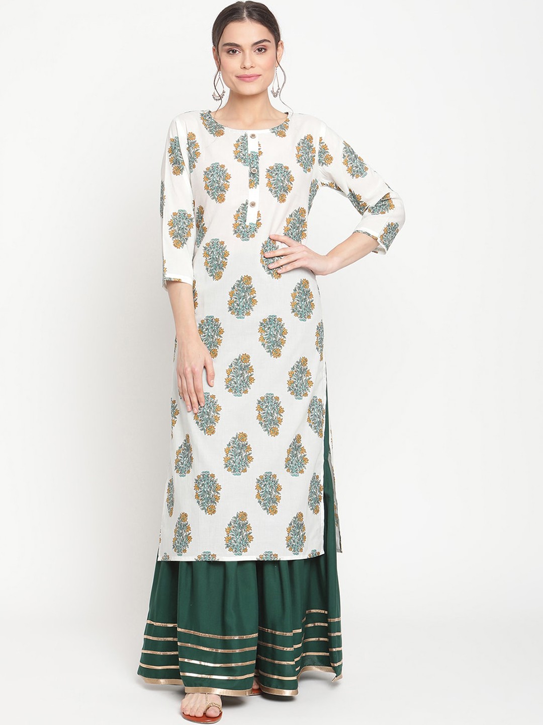

TAG 7 Women White Floral Printed Pure Cotton Kurti with Sharara