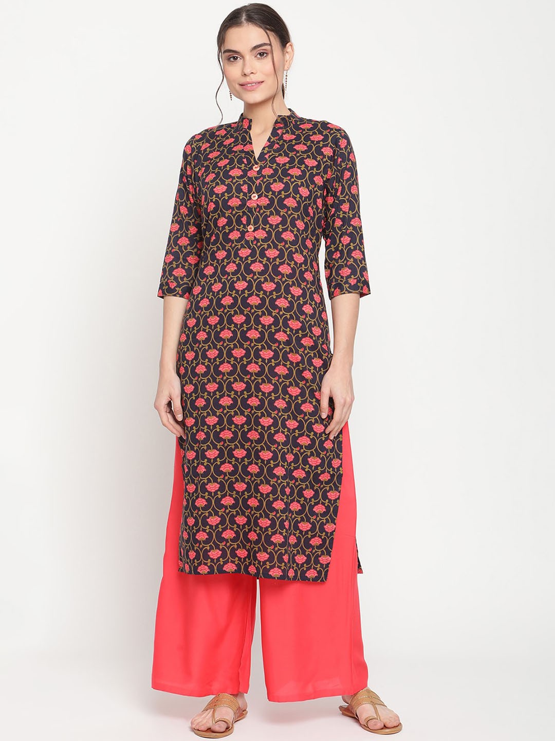 

TAG 7 Women Blue & Coral Floral Printed High Slit Pure Cotton Kurta With Palazzos