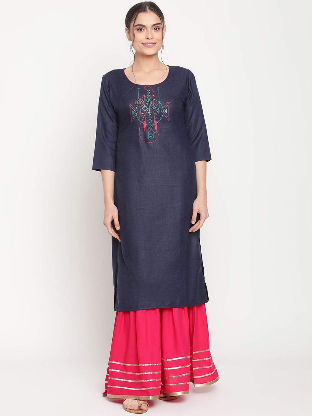 

TAG 7 Women Blue Embroidered Gotta Patti Kurti with Palazzos