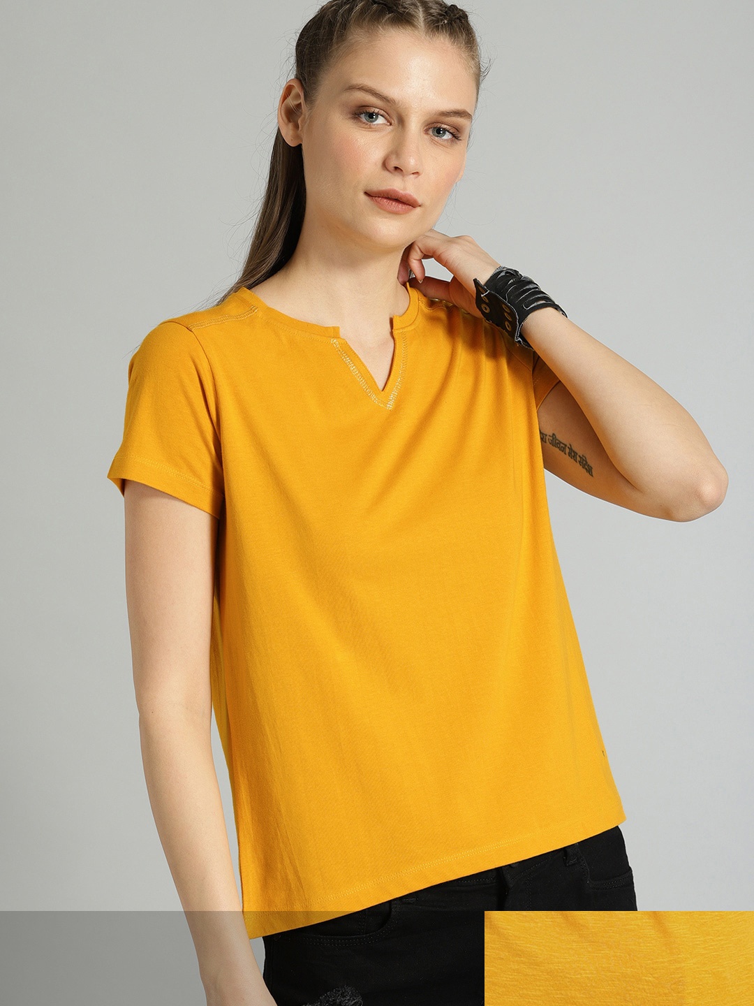 

Roadster Women Pack of 2 Solid Cotton T-shirt, Mustard