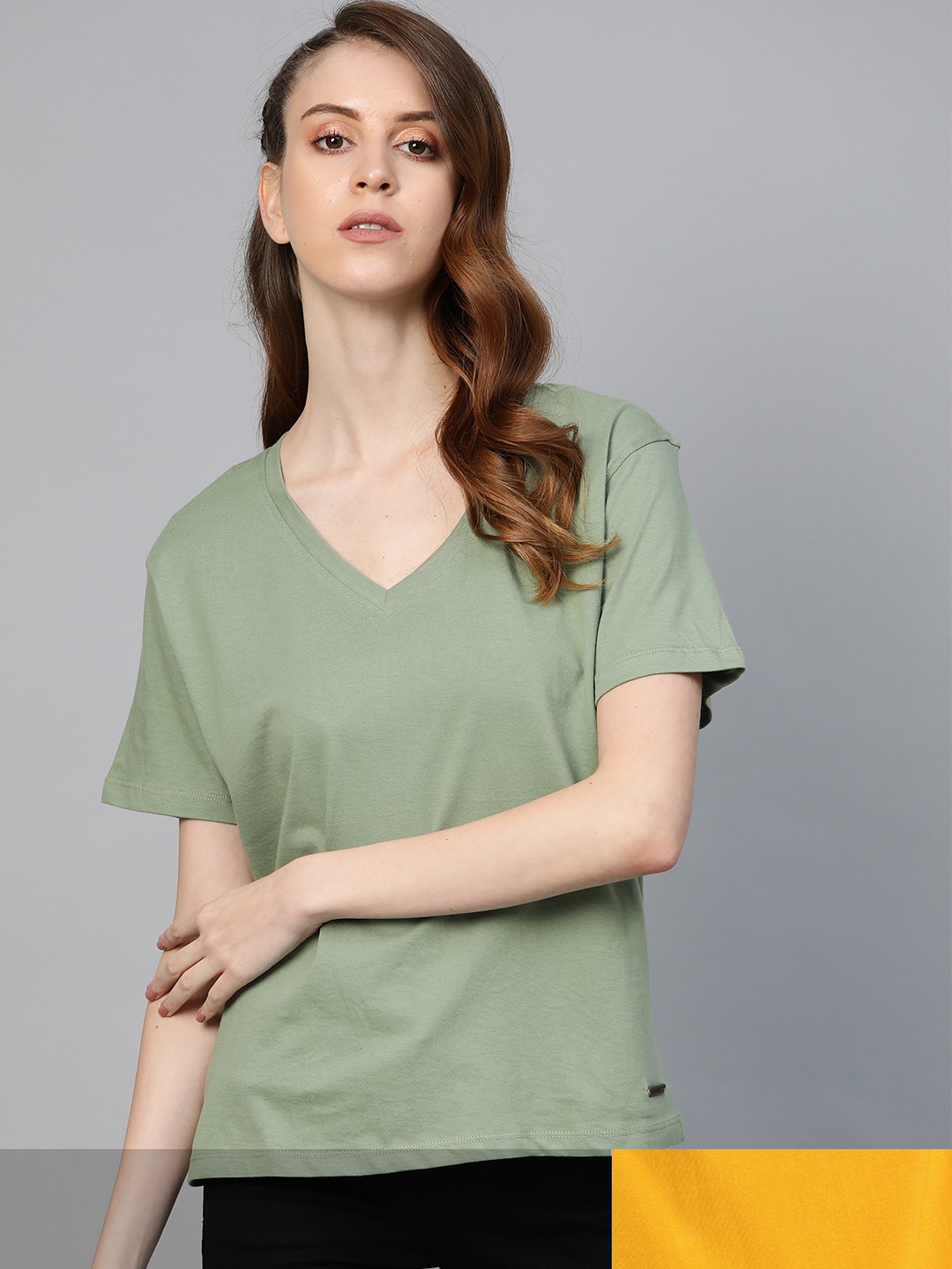 

Roadster Women Pack of 2 Solid Cotton T-shirt, Olive