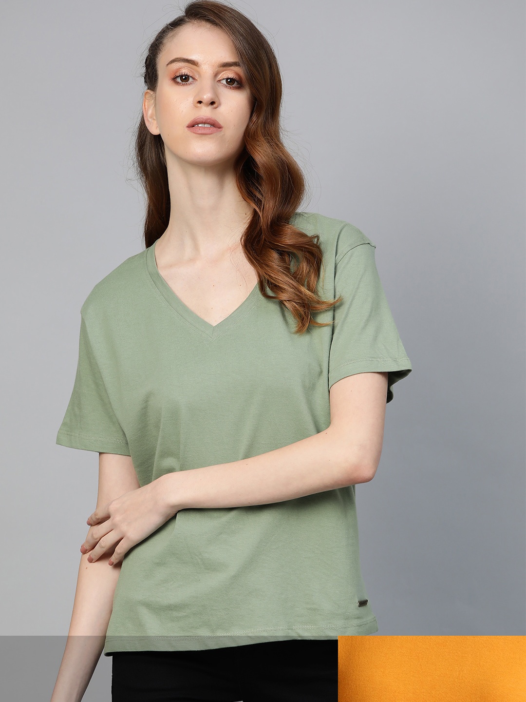 

Roadster Women Pack of 2 Solid Cotton T-shirt, Mustard