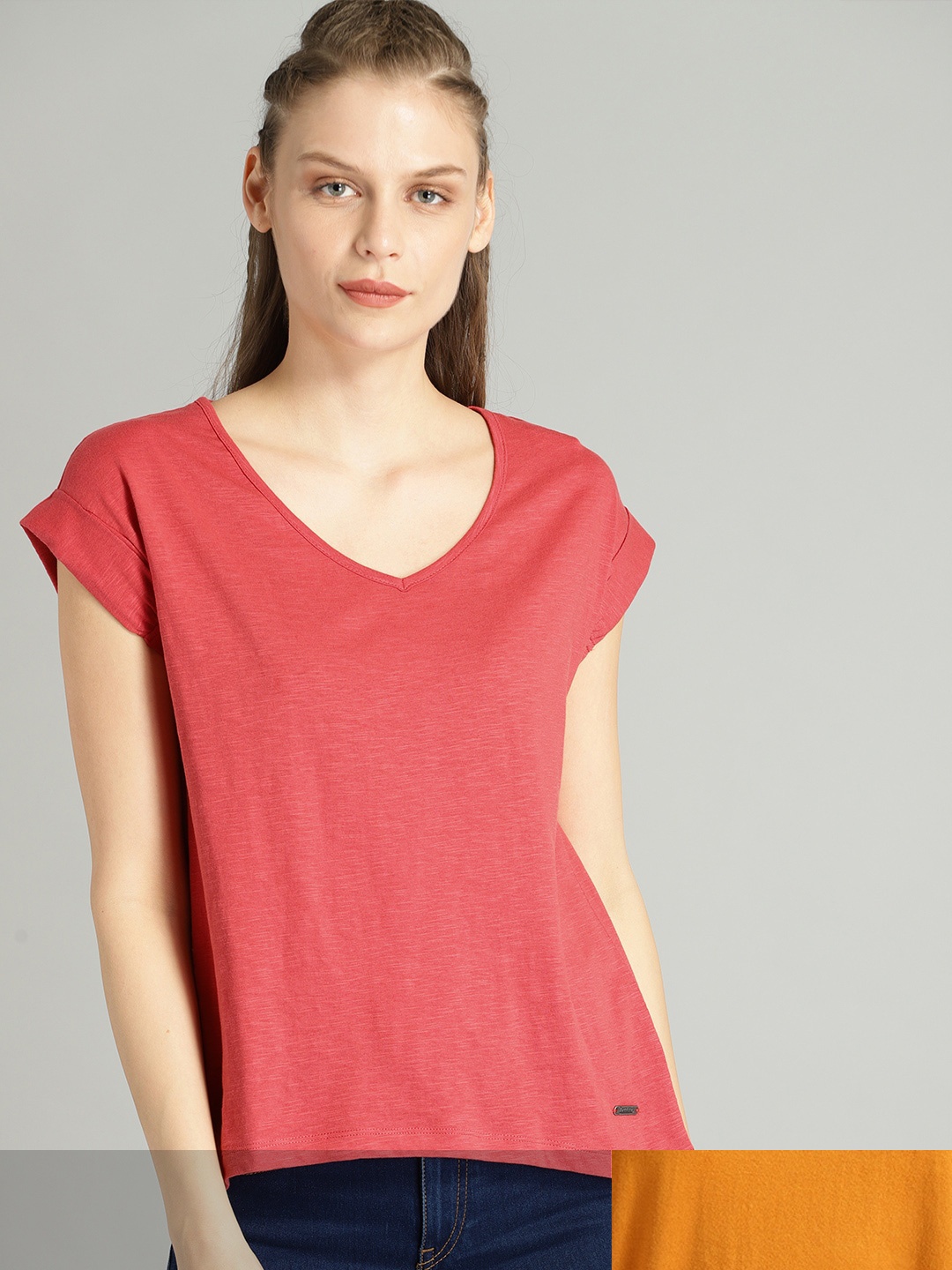 

Roadster Women Pack of 2 Solid Cotton T-shirt, Mustard