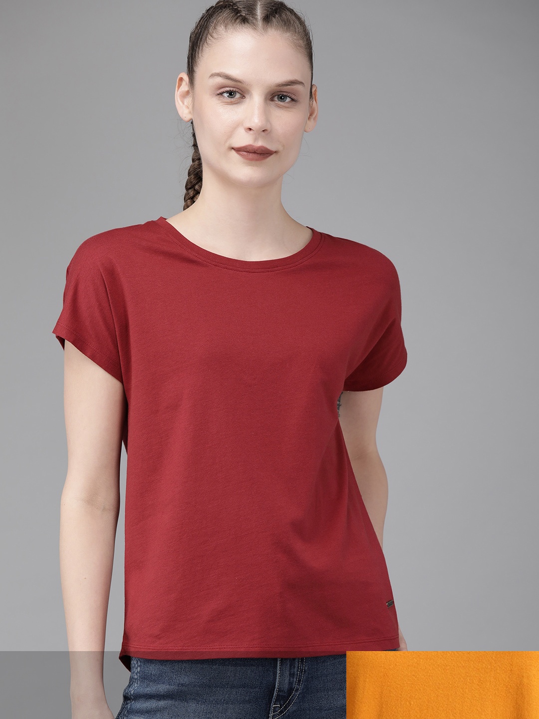 

Roadster Women Pack of 2 Solid Cotton T-shirt, Mustard