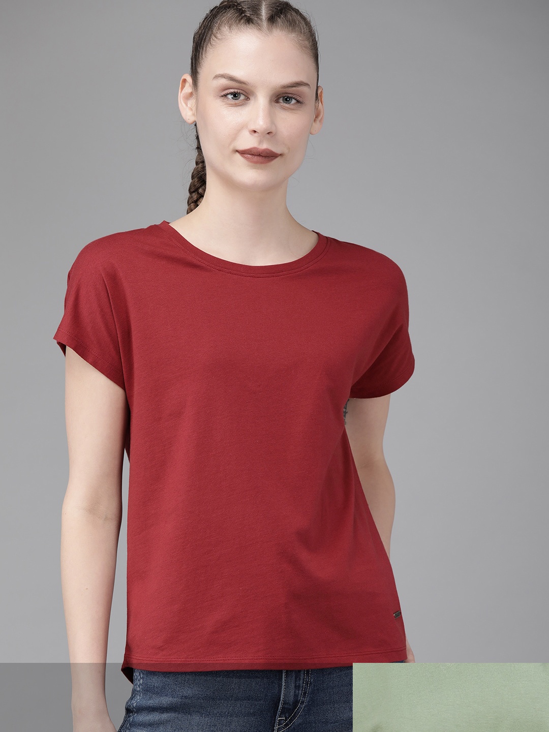 

Roadster Women Pack of 2 Solid Cotton T-shirt, Olive