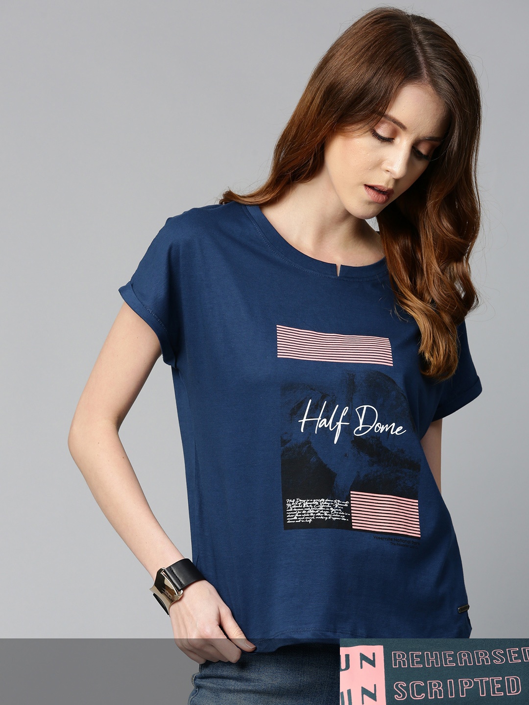 

Roadster Women Set Of 2 Printed Pure Cotton T-shirts, Navy blue