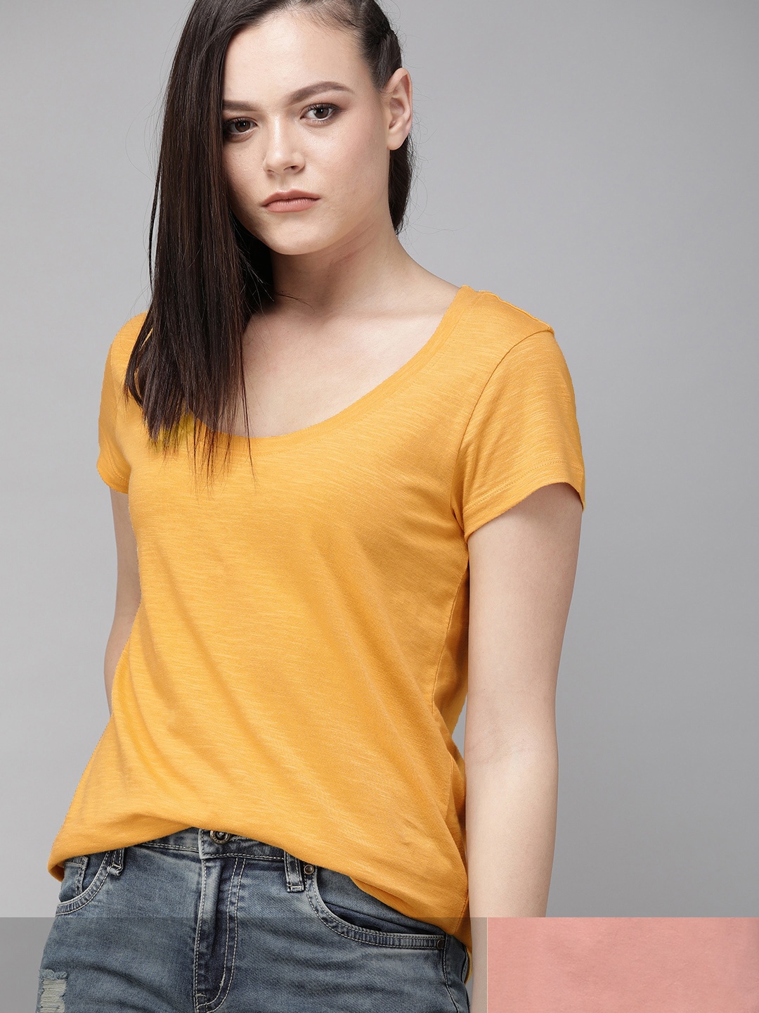 

Roadster Women Pack of 2 Solid Cotton T-shirt, Yellow