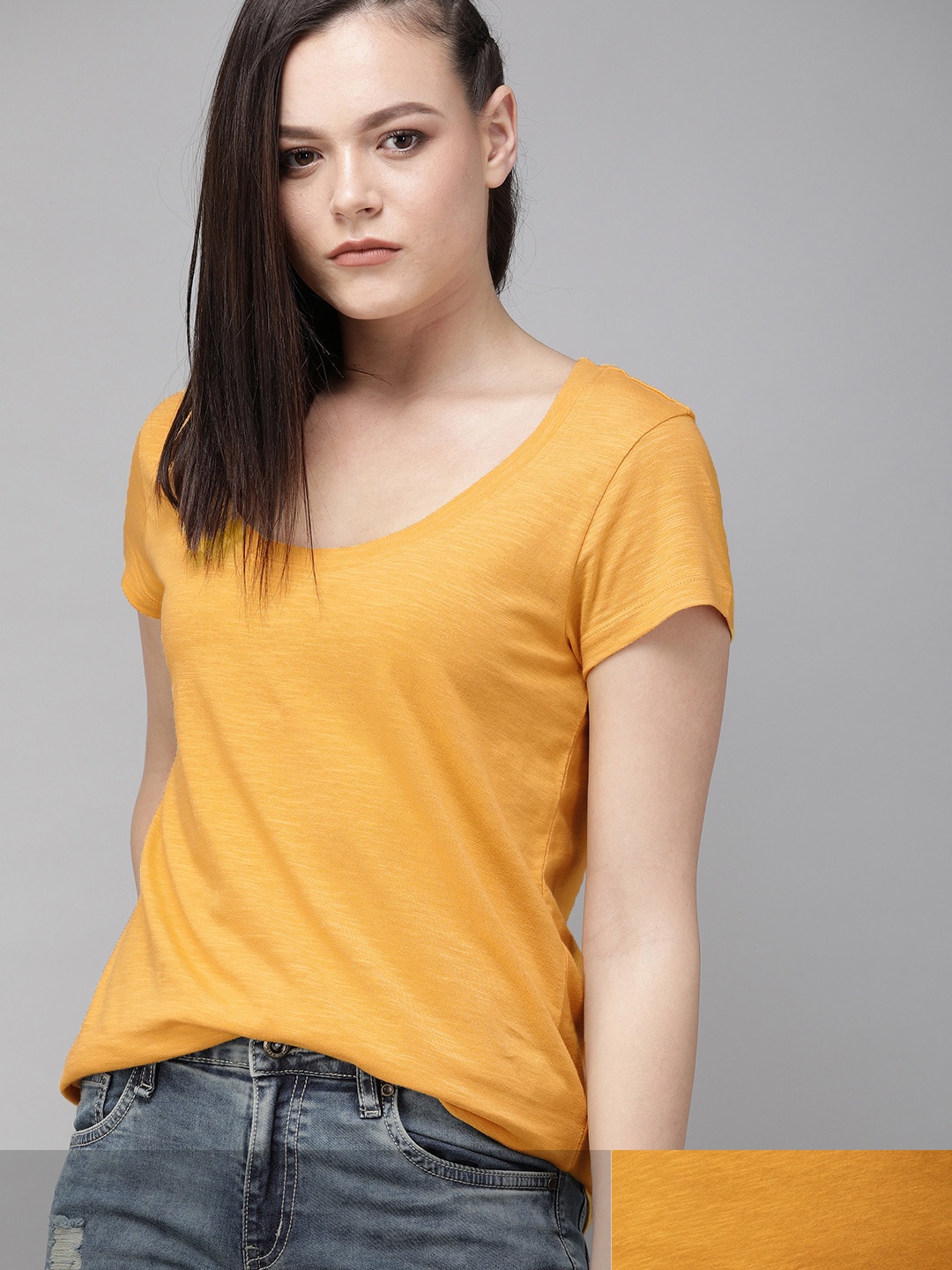 

Roadster Women Pack of 2 Mustard Yellow Solid Cotton T-shirt