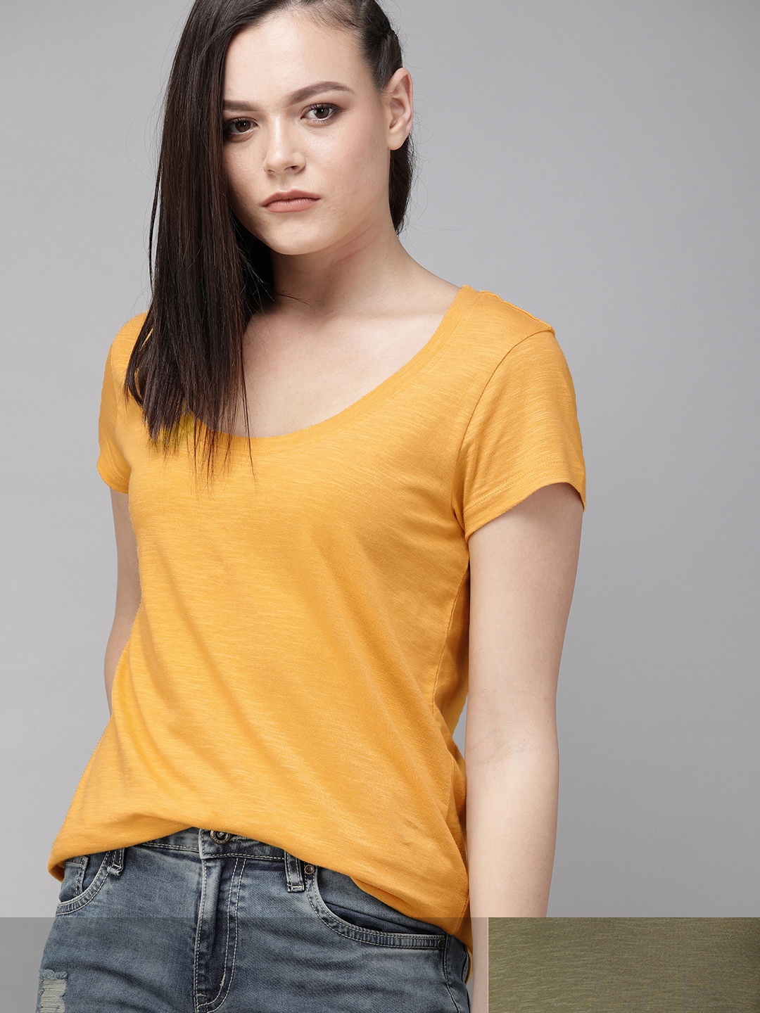 

Roadster Women Pack of 2 Solid Pure Cotton T-shirts, Yellow