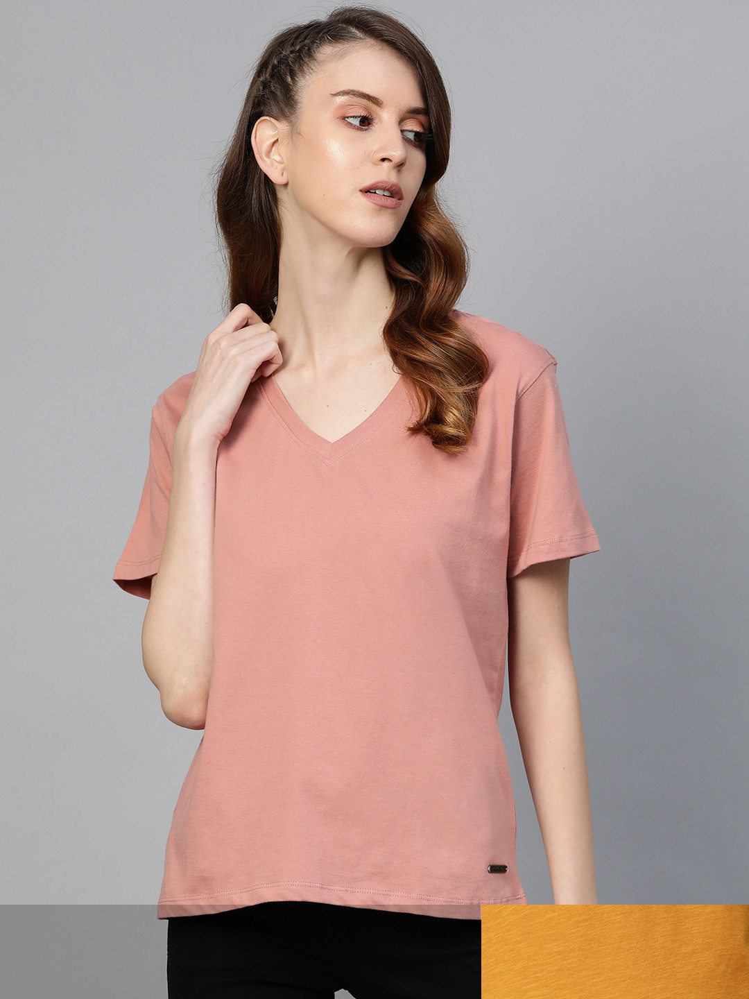 

Roadster Women Pack of 2 Solid T-shirts, Rose