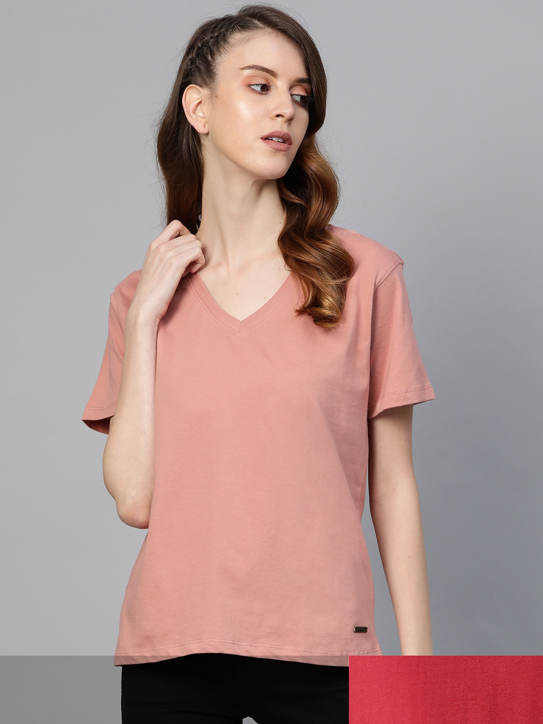 

Roadster Women Pack of 2 Yellow Solid T-shirts, Pink