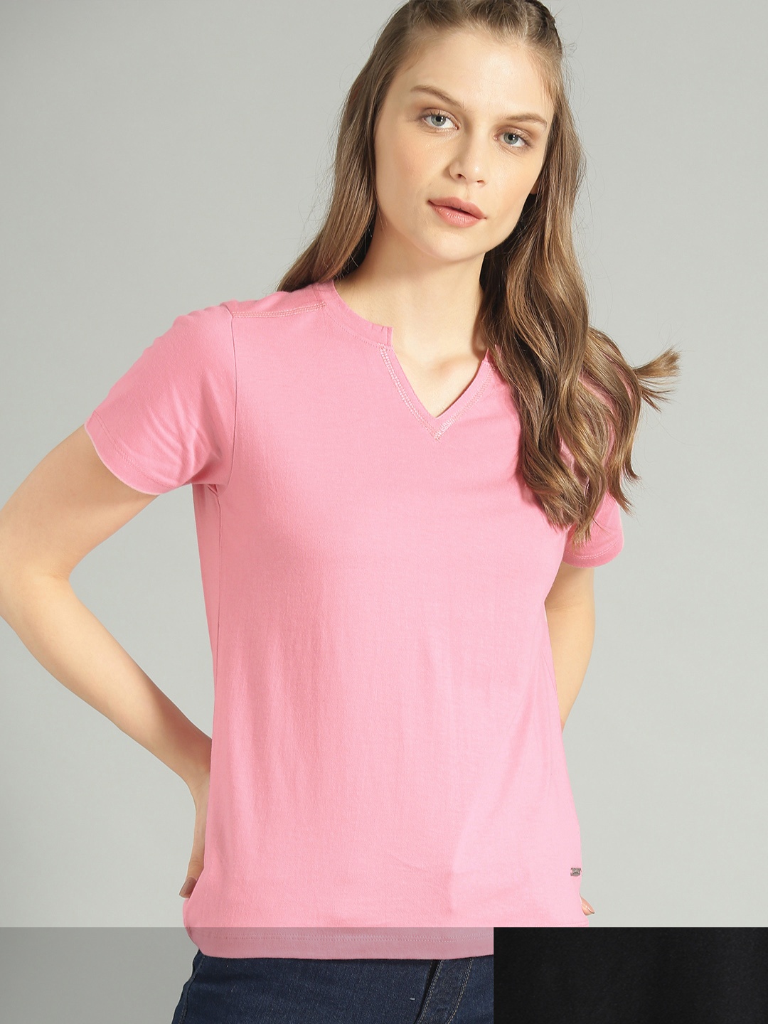 

Roadster Women Pack of 2 Solid Pure Cotton T-shirts, Pink
