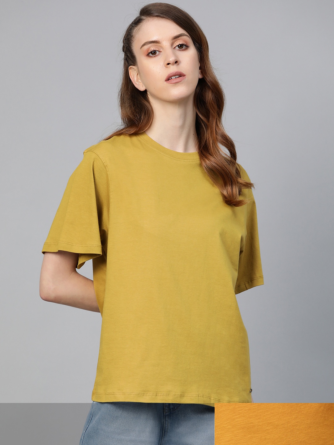 

Roadster Women Pack of 2 Solid Pure Cotton T-shirts, Mustard