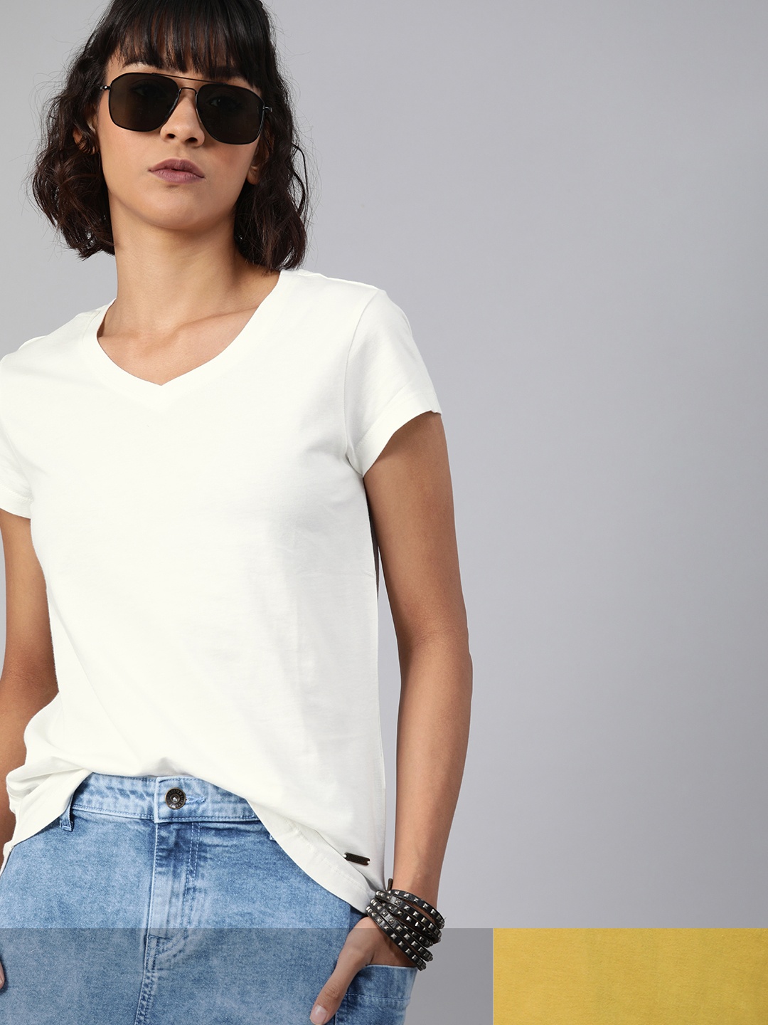 

Roadster Women Pack of 2 Solid Pure Cotton T-shirts, Khaki