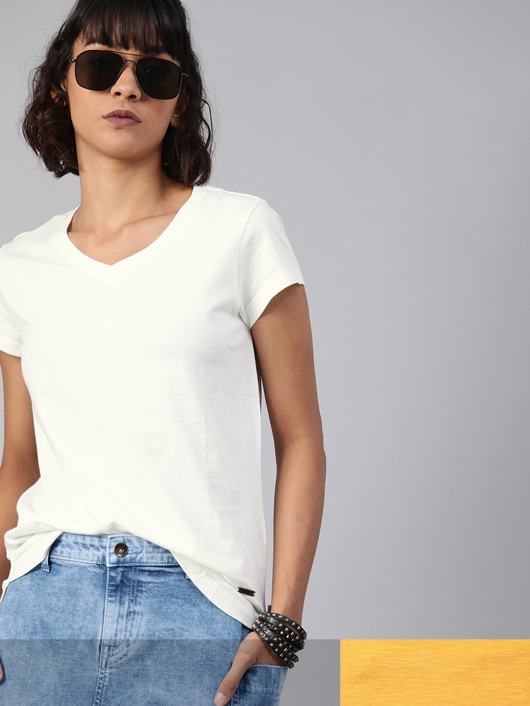

Roadster Women Pack of 2 Solid Pure Cotton T-shirts, White