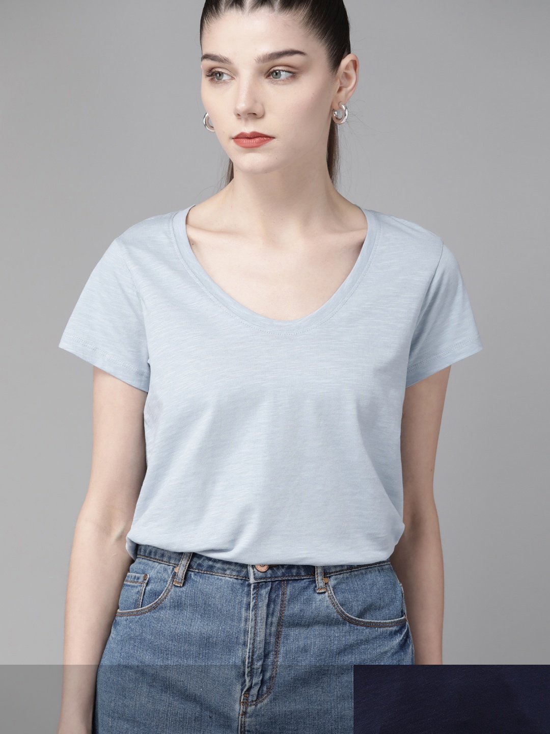 

Roadster Women Pack of 2 Solid Pure Cotton T-shirts, Blue