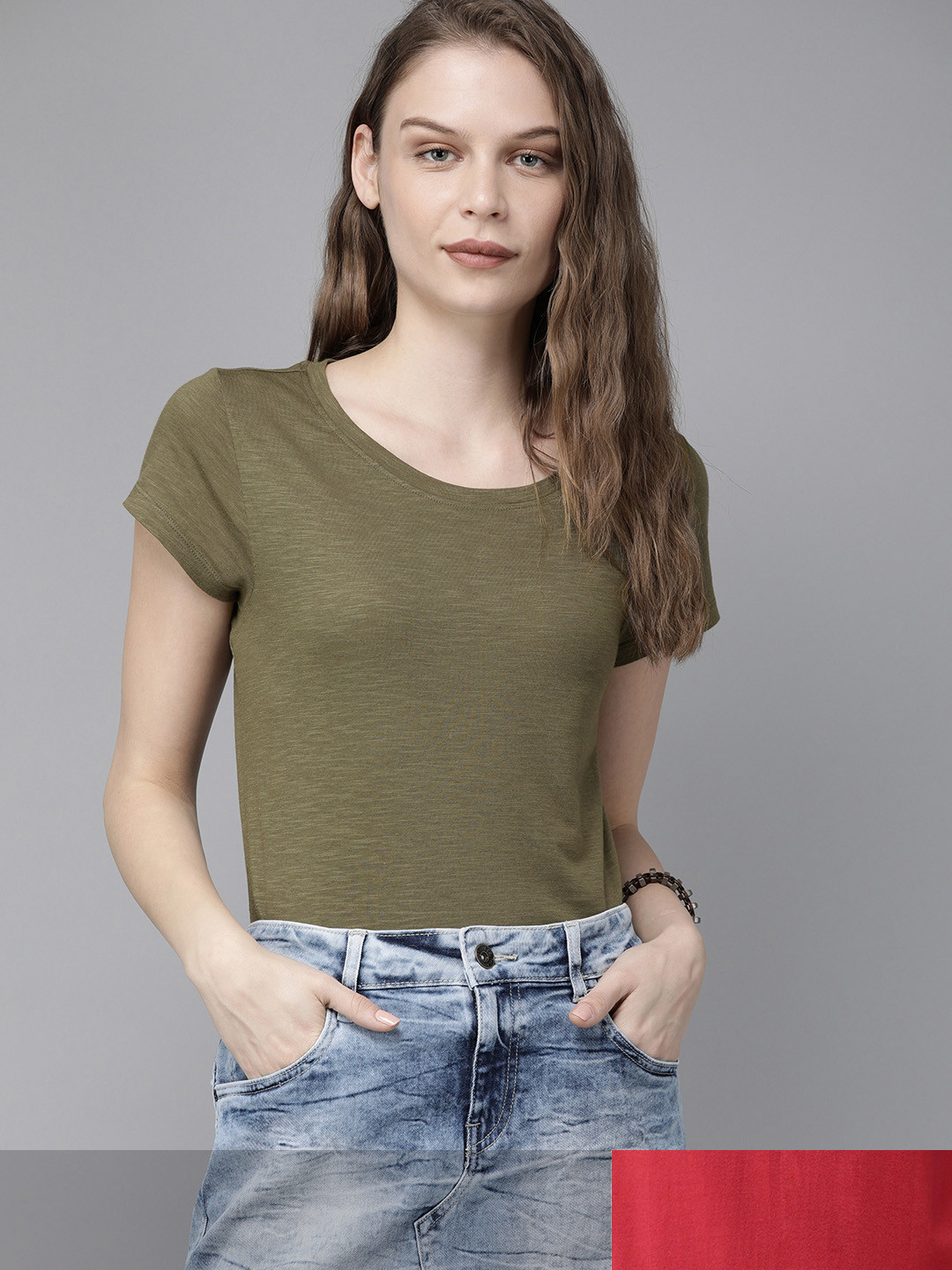 

Roadster Women Pack of 2 Solid T-shirts, Olive